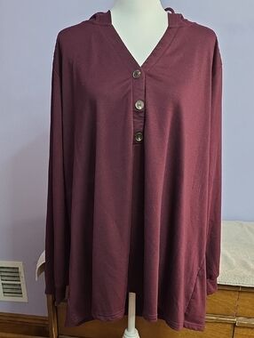 BloomChic Burgundy Hooded Button V-Neck Pullover